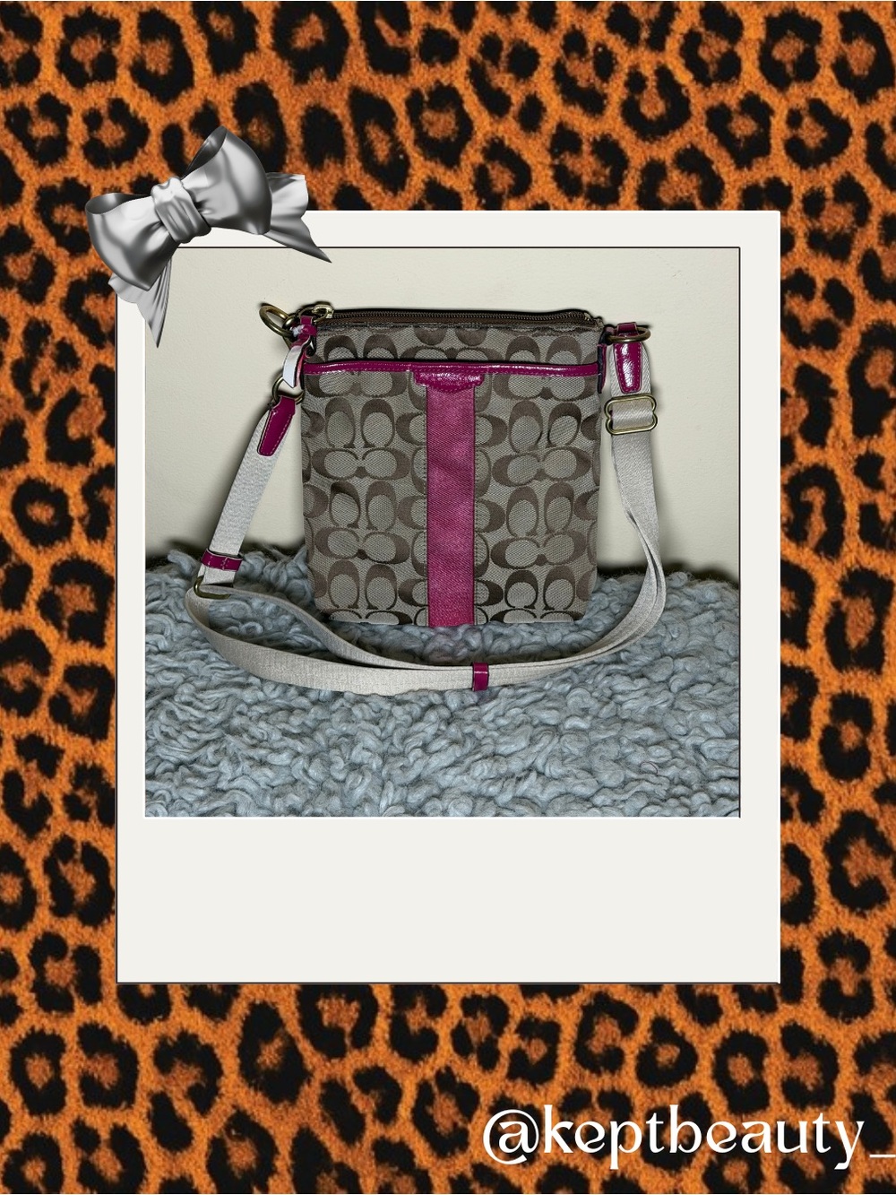 Coach Khaki Signature Crossbody with Pink Trim and White Strap